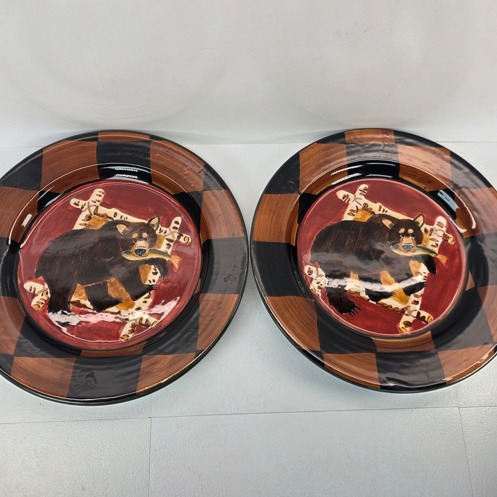 Set of 2 Zrike S. Riggsbee White Outpost Black Bear 11" Dinner Plates Lodge